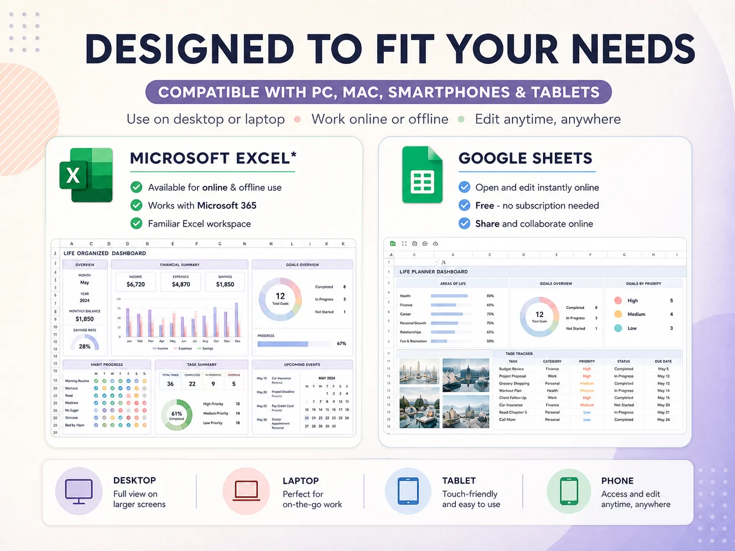 Ultimate Life Organizer - Compatible with Excel and Google Sheets on Any Device